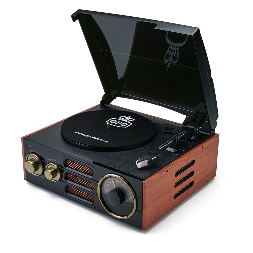 GPO Retro Empire Classic Vintage Style 3-Speed Record Player Turntable with Radio and Built-In Speaker - Black/Brown Image 1
