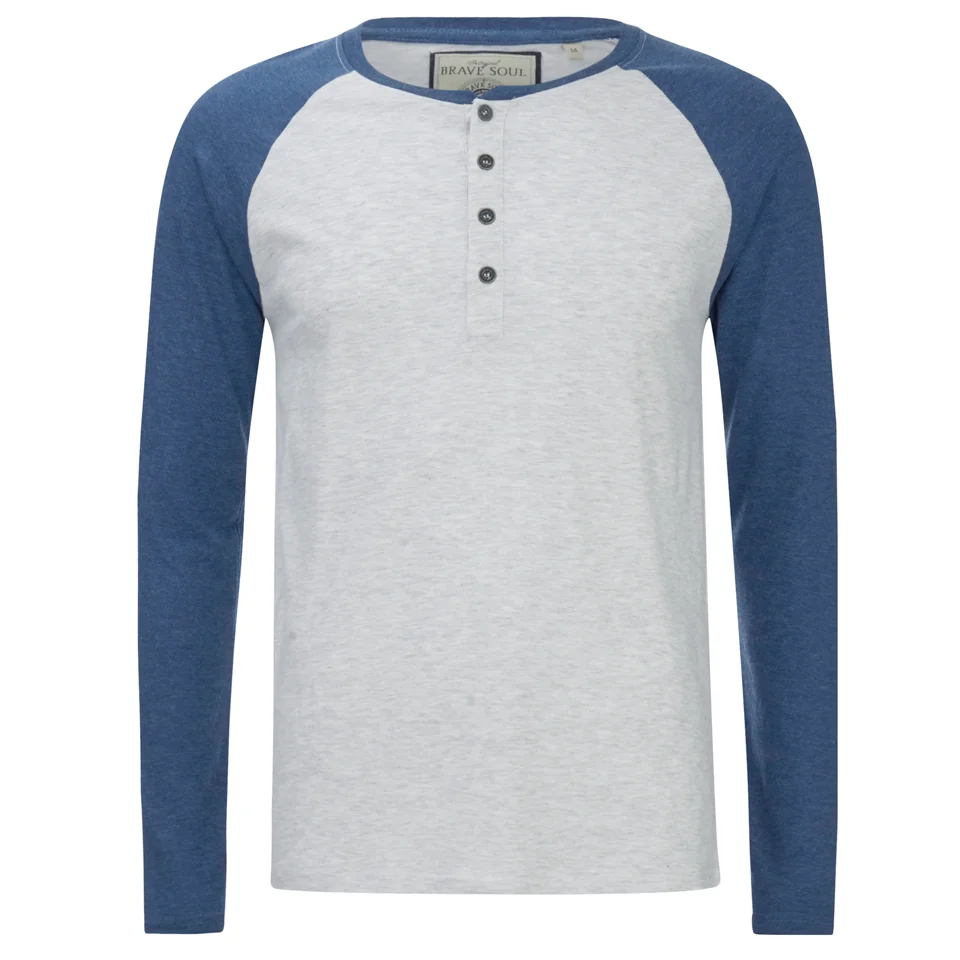 Brave Soul Men's Rasmus Grandad Long Sleeved Top - Ecru/Vintage Blue - S - Stone Image 1