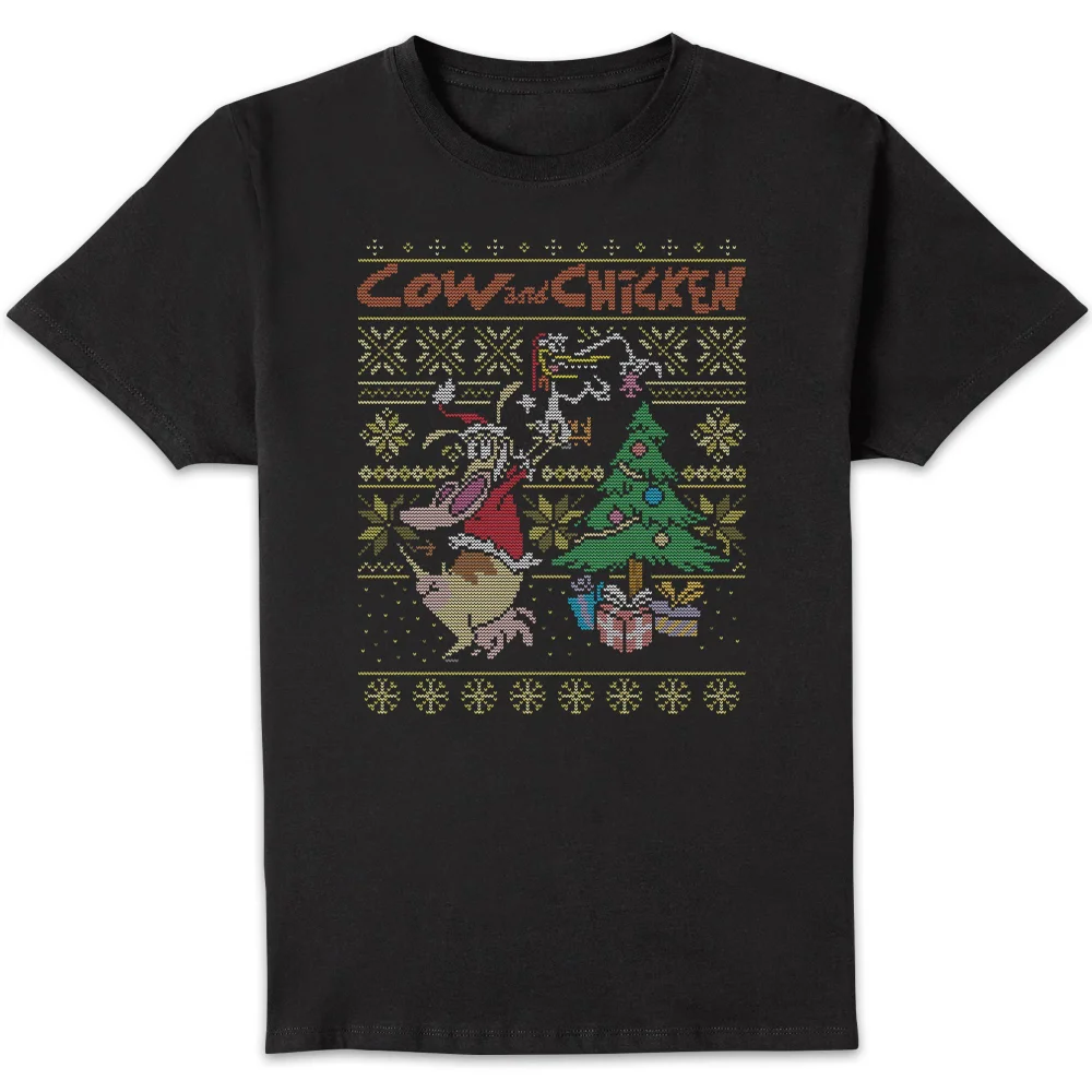 Cow and Chicken Cow And Chicken Pattern Men's Christmas T-Shirt - Black - S Image 1