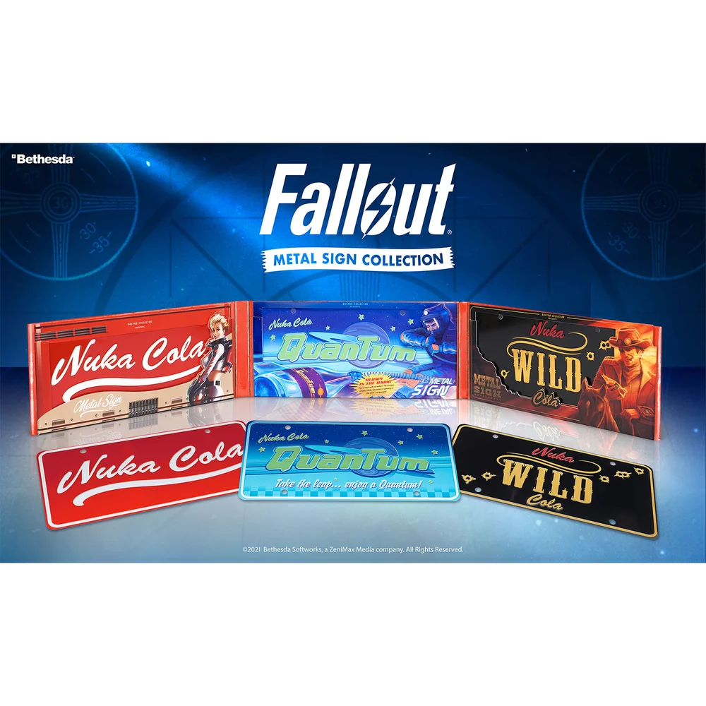 Doctor Collector Fallout Nuka Cola Metal Sign Triple Pack - Limited to 2077 Worldwide Image 1