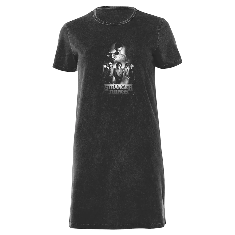 Stranger Things B&W Characters Composition Women's T-Shirt Dress - Black Acid Wash - M Image 1
