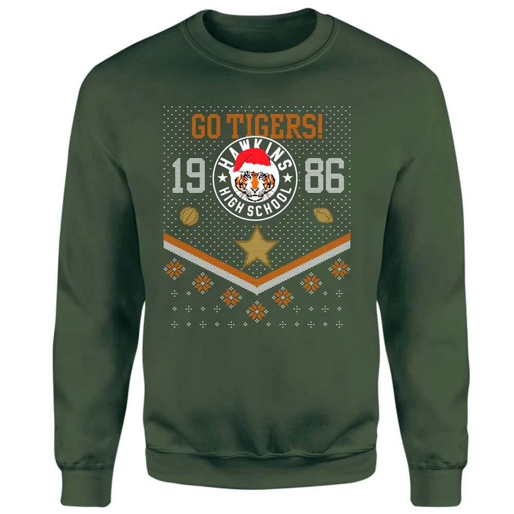 Stranger Things Christmas Go Tigers! Christmas Jumper - Green - S Image 1