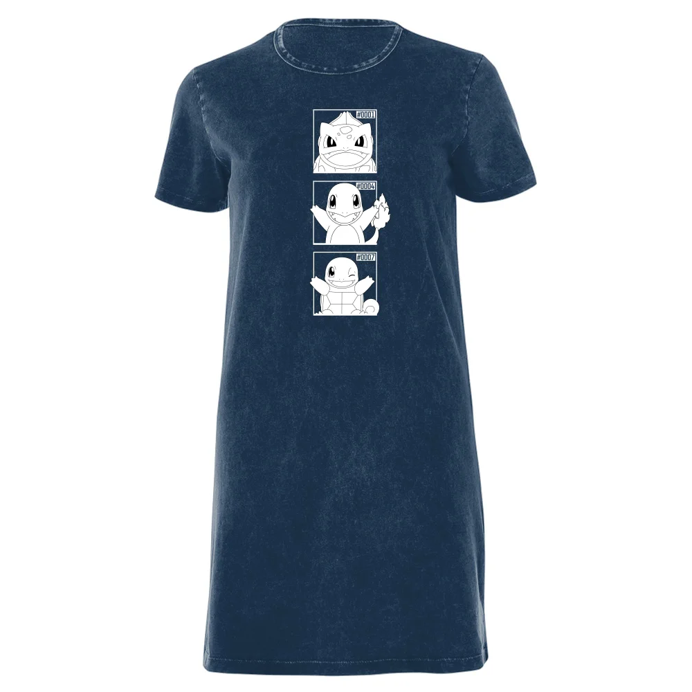 Pokemon Generation 1 Monochrome Starters Women's T-Shirt Dress - Navy Acid Wash - XXL Image 1