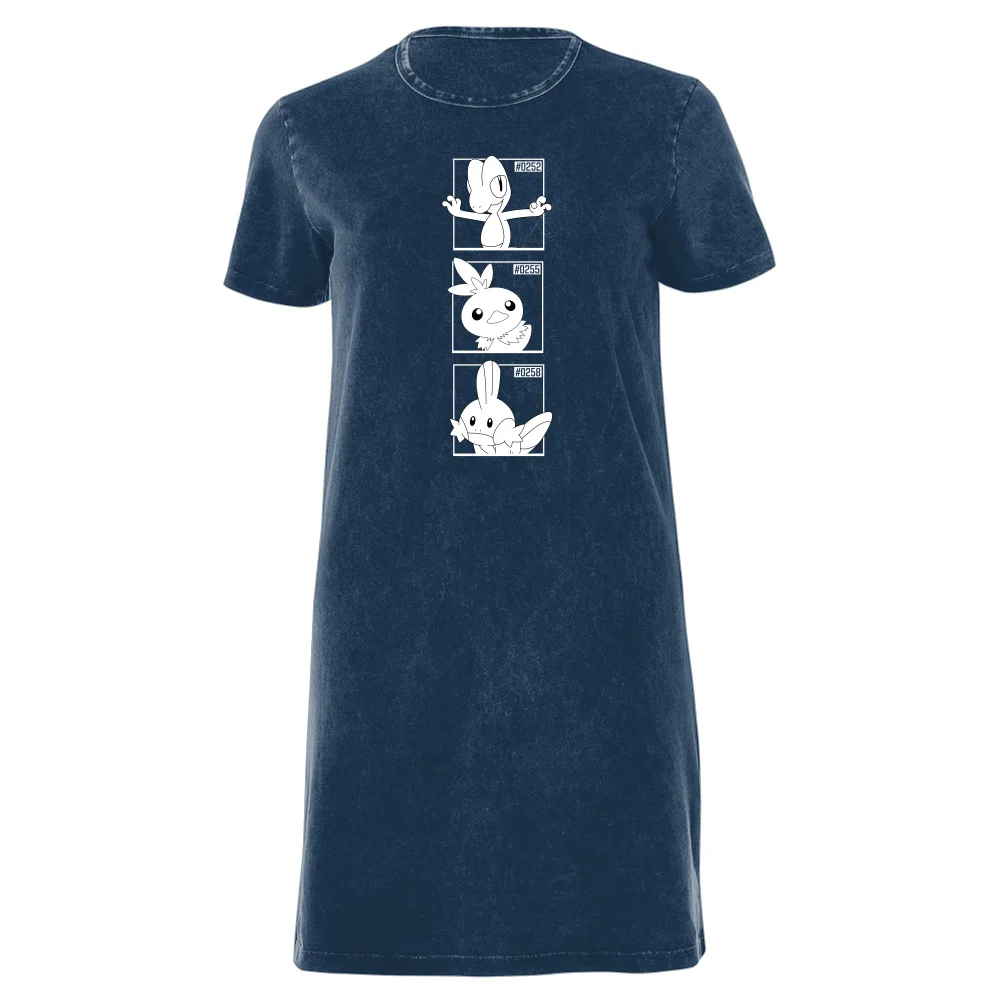 Pokemon Generation 3 Monochrome Starters Women's T-Shirt Dress - Navy Acid Wash - XXL Image 1