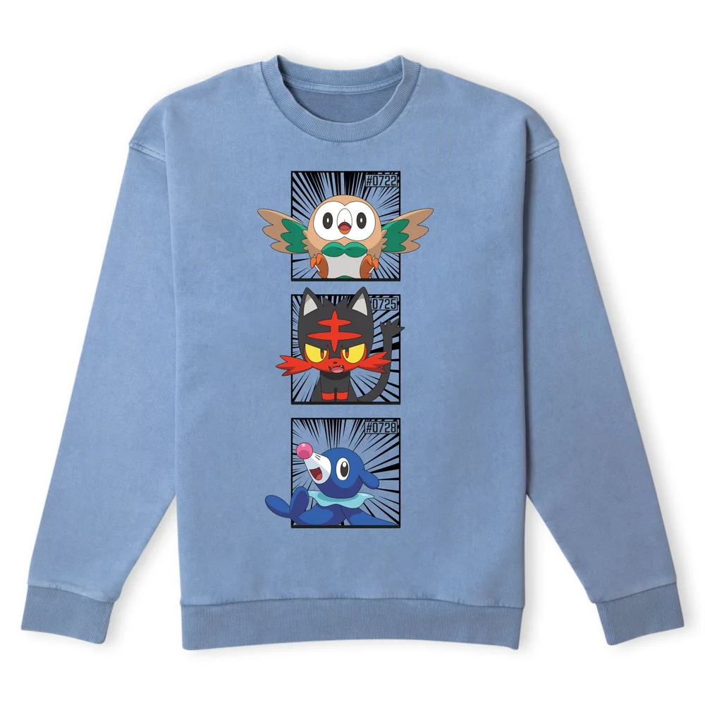 Pokemon Generation 7 Starters Sweatshirt - Denim Blue Acid Wash - S Image 1