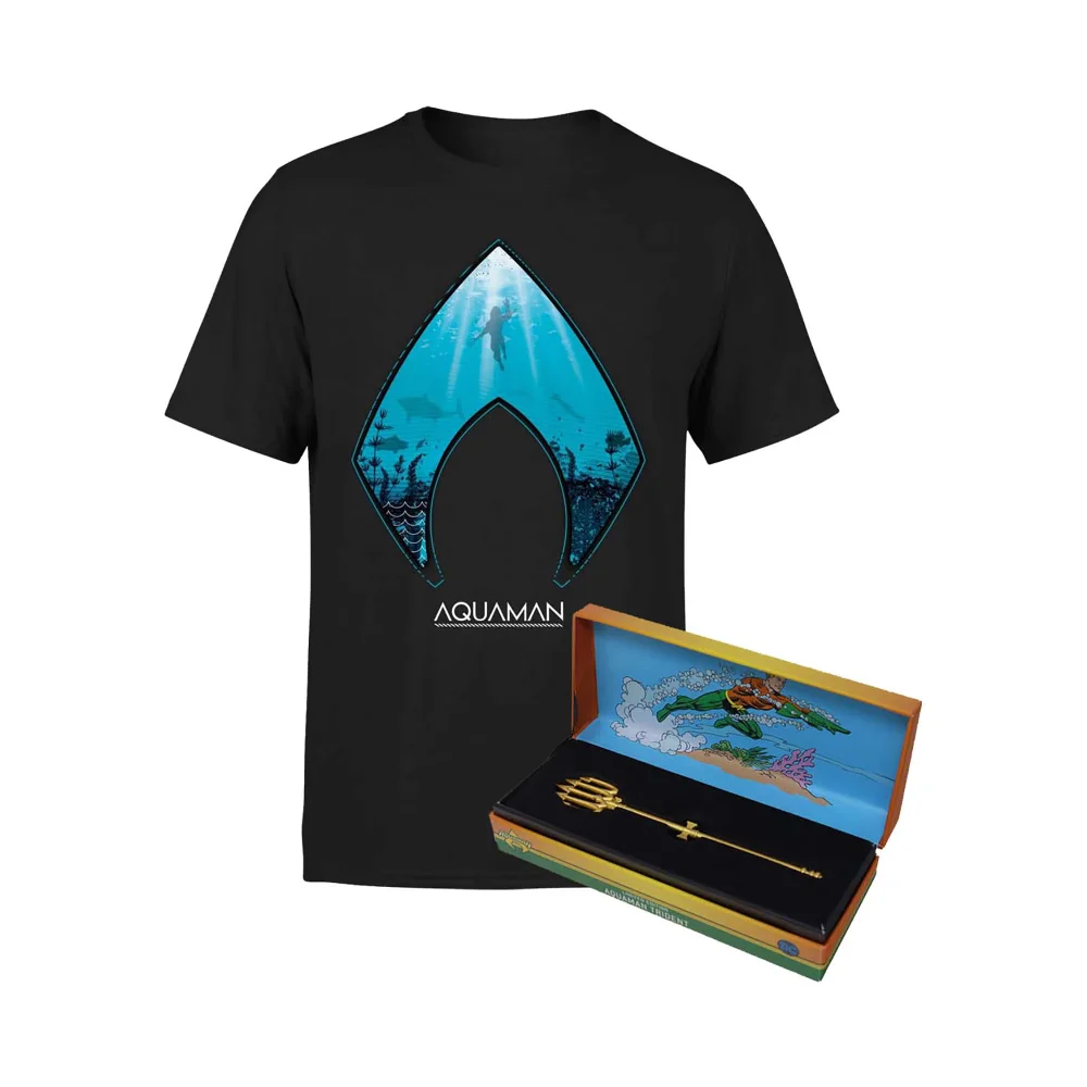 DC Comics Aquaman Limited Edition 24K Gold Miniature Trident & T-Shirt Bundle - S Image 1
