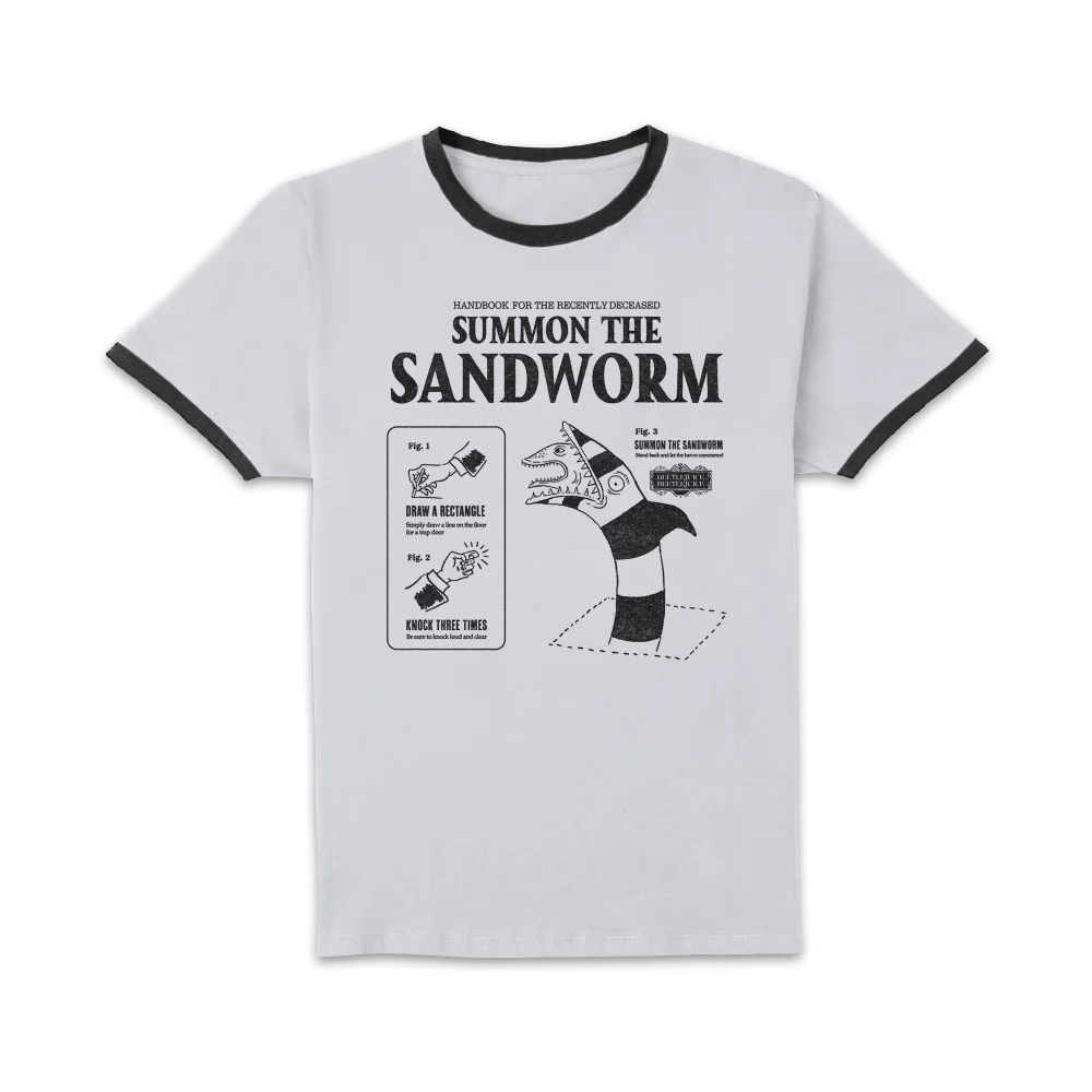Beetlejuice Sandoworm Instructional Unisex Ringer T-Shirt - White/Black - XS Image 1