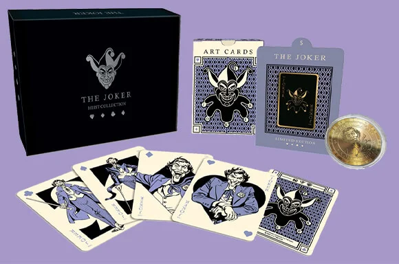THE JOKER <br>COLLECTABLE PIN BADGE, COIN & ART CARD
